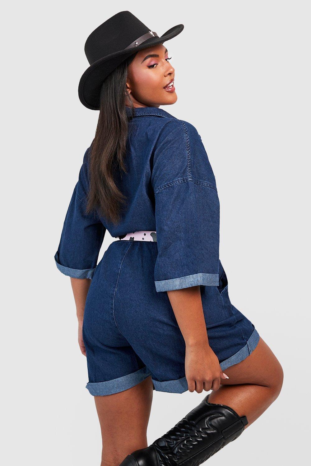 Plus Denim Short Sleeve Tie Belt Denim Playsuit